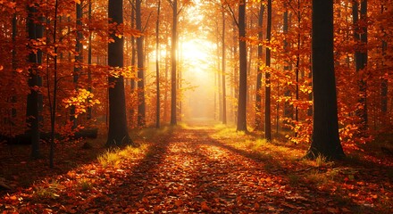 A cozy autumn forest with warm orange and red leaves covering the ground