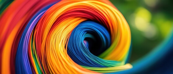Naklejka premium Vibrant rainbow colored swirl of threads or strings creating an abstract design with blurred green background Concept of creativity, art, and colorful texture
