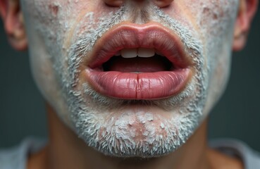 Close up of man face with dry, chapped lips and white cream on beard. Winter skin problems, cosmetics, lip care and moisture treatment concept for winter season.