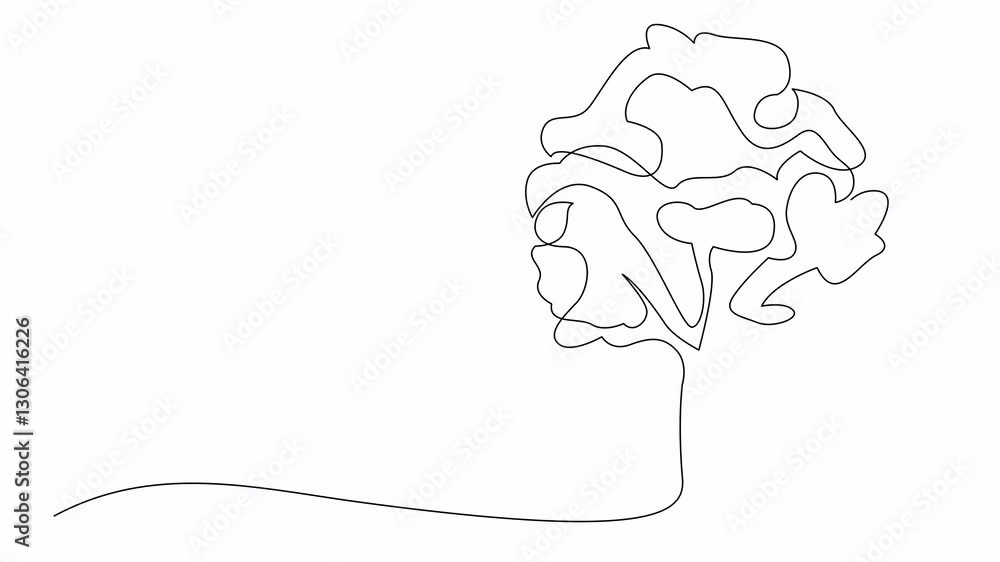 Poster self drawing animation of a tree drawn with on continuous line. minimalist style single line design 