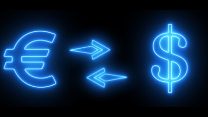 Neon Currency exchange icon. Neon illustration dollar to euro icon on black background.
