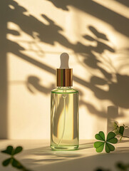 minimalistic serum bottle with green liquid and soft shadows