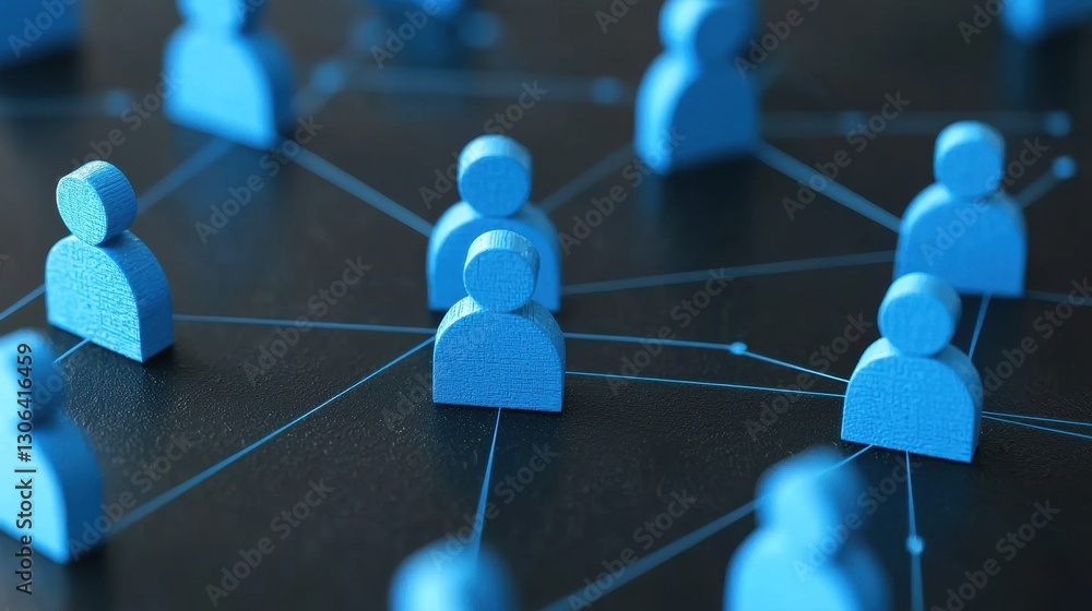 Poster blue figures connected by network lines on dark background