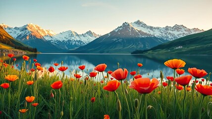 Serene Mountain Lake with Vivid Poppies at Sunrise