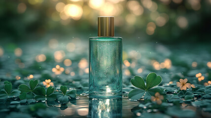 glass bottle with golden cap surrounded by clovers and soft light