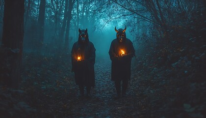 Masked Figures in Dark Woods with Lights