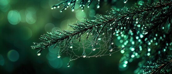 Dew drops on spiderweb and pine needles in a lush green forest after the rain Concept of nature, freshness, and tranquility