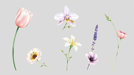 Obraz premium Delicate Floral Illustrations Tulips Orchids Anemones Lavender