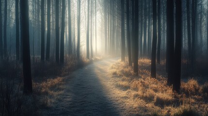 sunlit path through misty winter forest