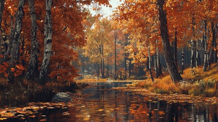 : "Golden Hour in the Forest: Serene Stream and Sunlit Tranquility Amidst Lush Greenery"