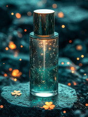 captivating close up of shimmering bottle surrounded by glowing elements