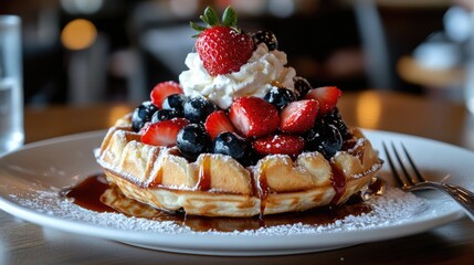 A delicious waffle topped with fresh berries and cream
