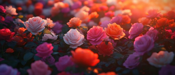 Fototapeta premium Vibrant rose garden at sunset with colorful blooms in full blossom Concept of love, romance, and natural beauty in a floral landscape