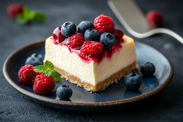 Delicious Creamy Cheesecake Slice Topped with Fresh Berries and Mint