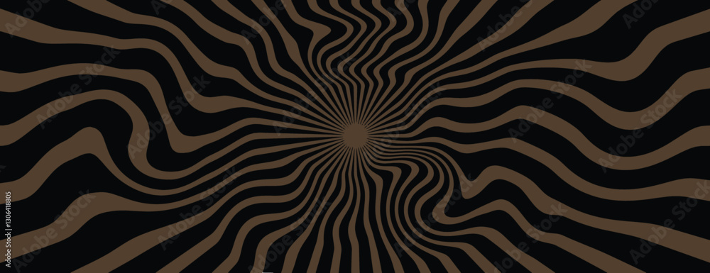 Poster psychedelic background with wavy brown lines on a black background, creating a hypnotic effect. brow