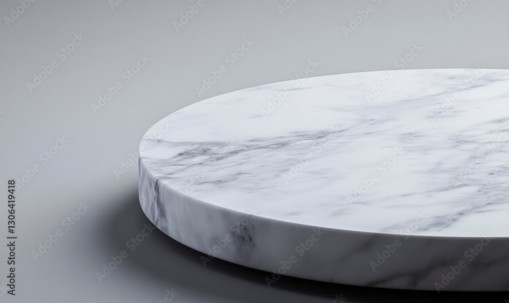 Poster displaying marble round table top isolated on gray background minimal style
