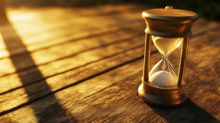 Close-up of a wooden hourglass on a rustic table illuminated by warm sunlight in a serene setting