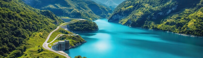Aerial view, hydroelectric plant beside a turquoise lake, vibrant scenery, watercolor style