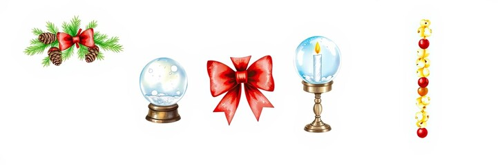 Festive Christmas Decorations Snow Globes Bow Pine Cones Berries