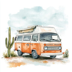 vintage orange camper van surrounded by cacti in desert landscape