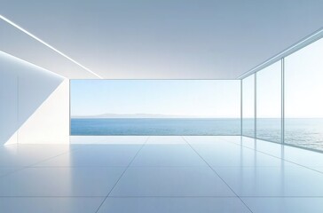 Obraz premium Modern Minimalist Living Space with Panoramic Ocean View and Soft Natural Light