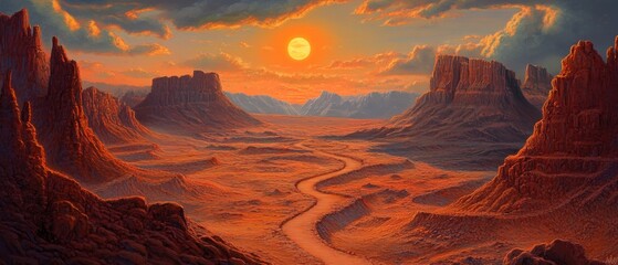 Majestic desert landscape with winding road at sunset Scenic view of canyon, mesas, and mountains under warm orange sky Concept of travel, adventure, and exploration