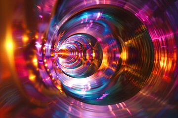 illuminated endless tunnel with neon lights, layered spiral shape, blurred motion effect