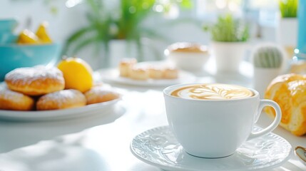 Bright kitchen with pastries and a cup of coffee on the table. 