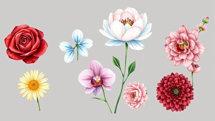 Blooming Botanicals Watercolor Rose Orchid Dahlia and Daisy Flowers