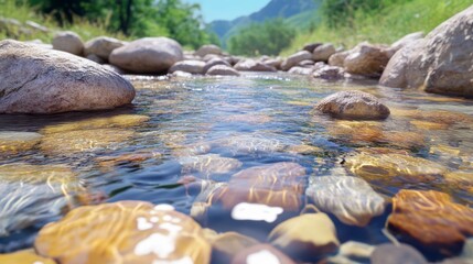 Clear Stream Over Colorful Stones, Sunlight Glistening on Water Surface