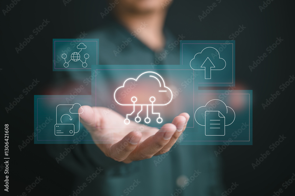 Poster Secure Cloud Storage and Backup Solutions. Highlights data security, backup management, and file synchronization in cloud environments for reliability and accessibility.