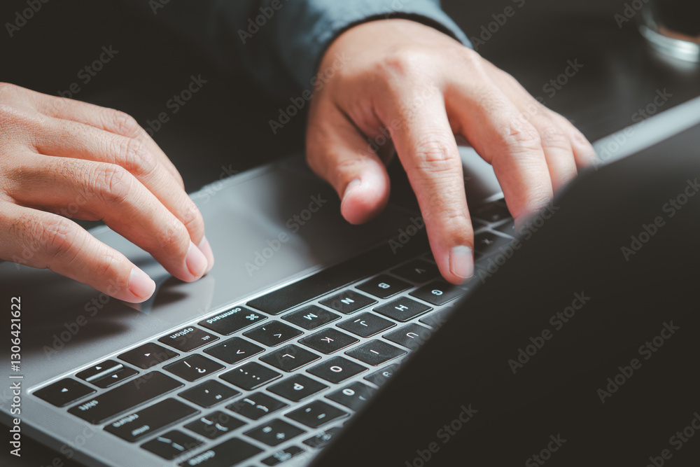 Poster Technology and Innovation. The close-up of hands on a laptop suggests innovation, coding, or online business activities in a tech-driven world.