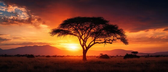 Silhouette of Acacia Tree at Majestic Sunset in African Savannah, Tanzania Dramatic landscape with vibrant orange sky and mountains Concept of travel, nature, and wilderness