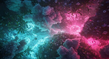 Fototapeta premium Neon Dreamscape: An ethereal scene where a vibrant fusion of blue and pink light bathes a fantastic landscape, featuring elements of nature and fantasy, creating a dreamlike environment.