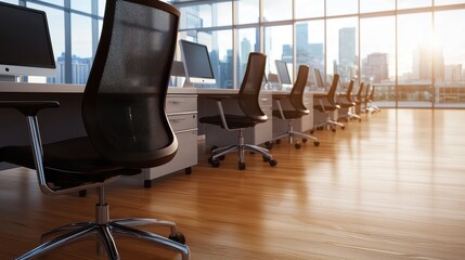 Modern Office Workspace with Computer Desks and City View