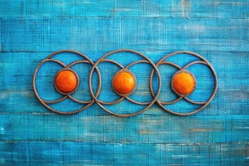 Rustic Metal Circles with Orange Accents on a Vibrant Blue Wooden Background