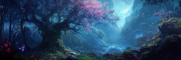 Mythical forest with ancient tree under moonlight