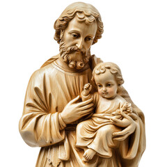 Obraz premium Sculpted Divinity: A close-up captures a handcrafted statue, showing a detailed carving of a man holding a baby, radiating peace and protection.