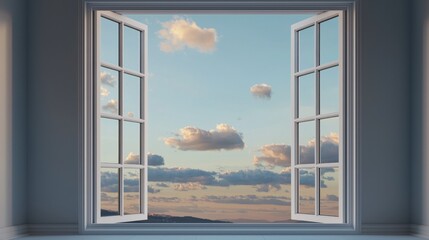 Beautiful Open Window with Scenic View of Clouds and Blue Sky