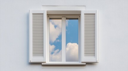 White Window with Shutters Reflecting Blue Sky and Clouds
