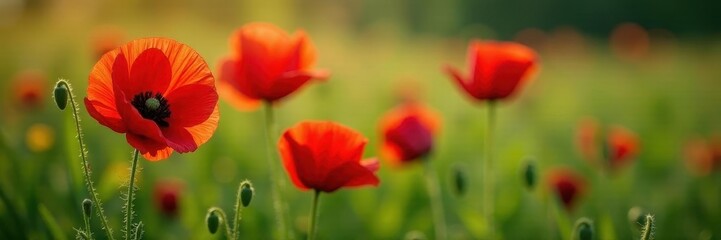 Obraz premium Vibrant red poppies in full bloom, lush green foliage , blossom, wildflower
