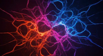 Vibrant Energy Web: A dynamic network of energy pulses with neon hues of electric blue, radiant pink, and fiery orange, set against a dark backdrop, evoking concepts of connectivity and innovation.