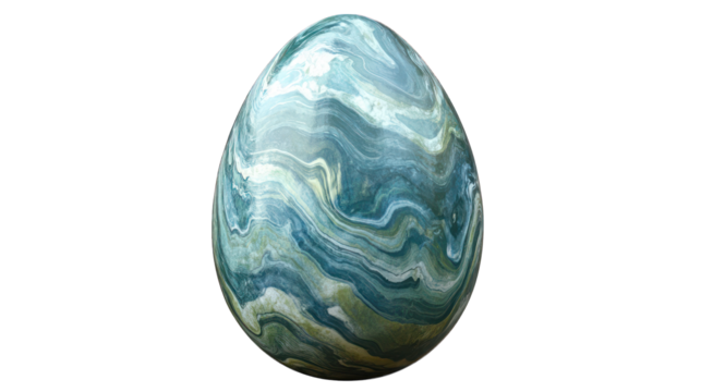 A marbled egg featuring subtle swirls of blues and greens, with realistic texture and glossy reflections