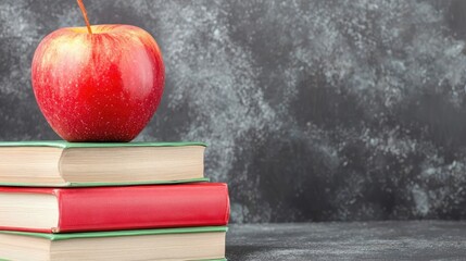 Red apple on books, chalkboard background; education concept