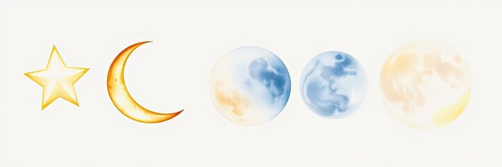 Celestial Bodies Star Crescent Moon and Full Moon Phases Illustration