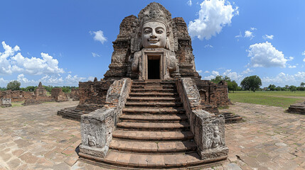 Obraz premium majestic ancient temple with large stone Buddha statue, surrounded by lush greenery and blue skies