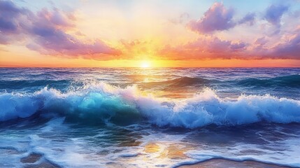 "Golden Hour: Tranquil Ocean Sunset with Vibrant Hues and Gentle Waves"