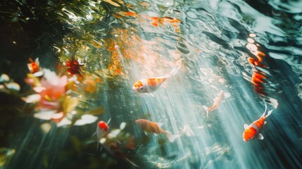 Several koi fish swimming in a pond with sunlight shining through