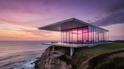 Fototapeta premium An ultra-modern glass house on a cliffside, overlooking a surreal pink and purple sunset over the ocean.