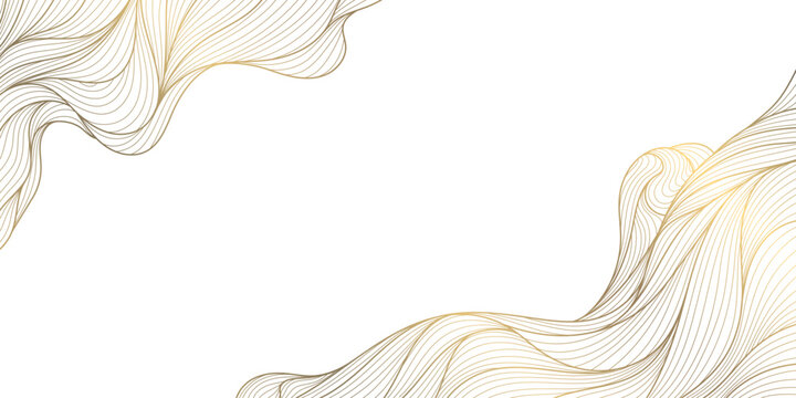 Vector gold and white line wave art, japanese golden clouds, luxury sea ornament at corners. Water oriental banner, river fluid abstract template, wallpaper.